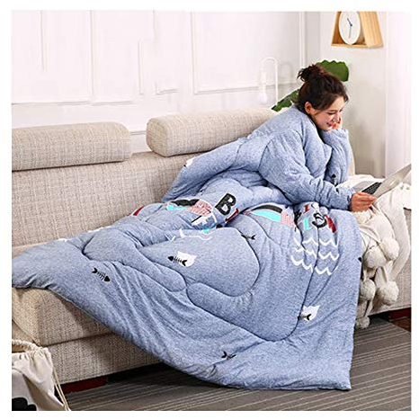 HOXMOMA Tragbare Decke mit Ärmeln, verdickte, tragbare Baumwolldecke, Warmer Schlafsack für Erwachsene, Umhang mit Reißverschluss, winddichter Umhang für das Büro zu Hause 59 * 79 Zoll,Blau