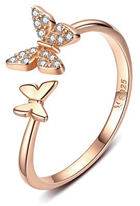 Sterling Silber Niedliche Schmetterling Offene Ringe für Frauen Mädchen Verstellbarer Geburtsstein Kristall Zierlich Tier Statement Versprechen Verlobungsring Ehering Ewigkeitsring Roségold