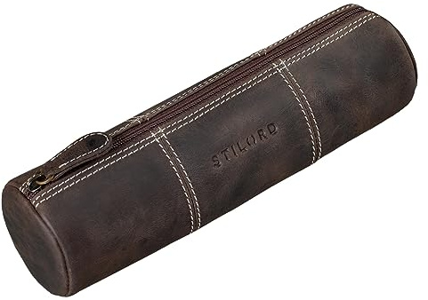 STILORD Cato Leder Federmappe Vintage Federtasche Stifte Etui rundes Federmäppchen Lederetui für Damen Herren Pencil Case Stifterolle Stiftemappe rund aus Echtem Leder Farbe:mittel - braun