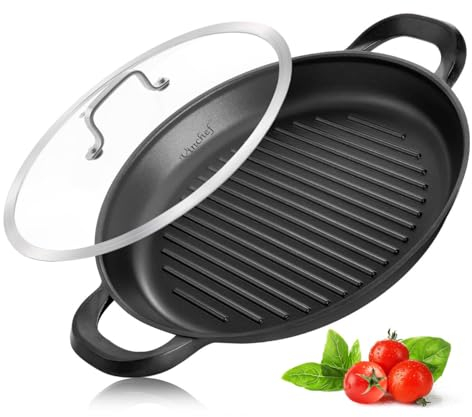 Vinchef GRANITEC Poêle à griller antiadhésive pour plaques de cuisson | Poêle à frire de 33 cm, poêle à induction en fonte d'aluminium avec couvercle et outils anti-brûlure, revêtement anti-adhésif