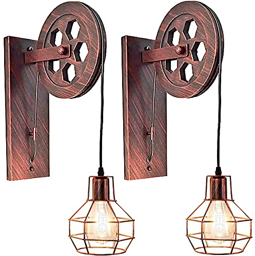iDEGU Wandleuchte Industrielle, 1 flammige Deckenlampe Vintage Riemenscheibe Stil E27 Lampe aus Holz und Eisen Retro Hängelampe für Wohnzimmer Restaurant Bar – Rost Rot (2 Stück)