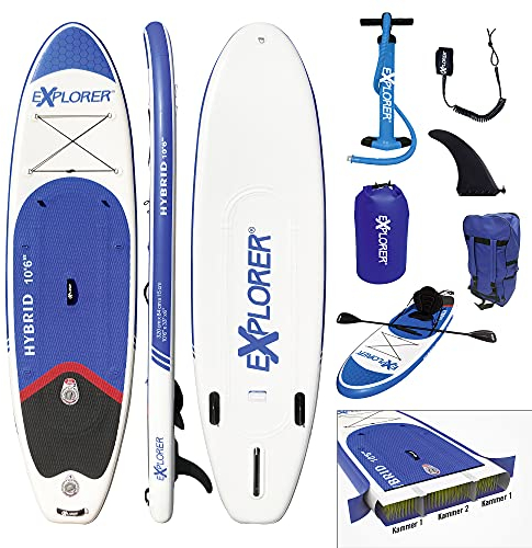 EXPLORER SUP Board Stand Up Paddling Set / 320x84x15cm / aufblasbares Doppelkammer-System Doppelhub-Pumpe Kajak-Sitz Alu-Paddel 4-TLG Leash wasserfester Packsack Rucksack komplettes Zubehör
