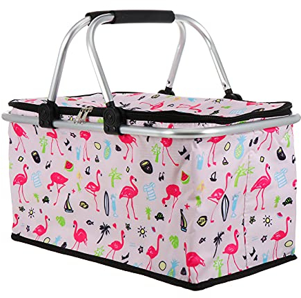 Einkaufskorb Faltbar 30 l Groß Flamingo Picknickkorb Kühltasche Thermokorb, Starker Aluminiumrahmen, Wasserdicht für Reisen, Einkaufen, Camping