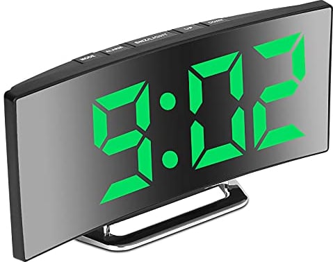 Derkiewn Réveil numérique pour Chambres à Coucher, écran Miroir 7'' LED, 2 luminosités, 12/24H, température, Date, veilleuse, Snooze, Alimentation USB, Fonction mémoire(Vert)