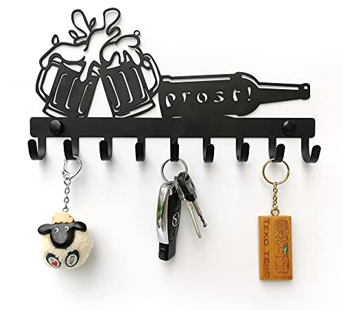 ELFSELF® für alle Bierfreunde Deko - Schlüsselbrett für die Wand - Mit dem Schlüsselboard alles ordentlich organisiert - 9 Aufhänger Schlüsselablage schwarz metall - Geschenk Idee
