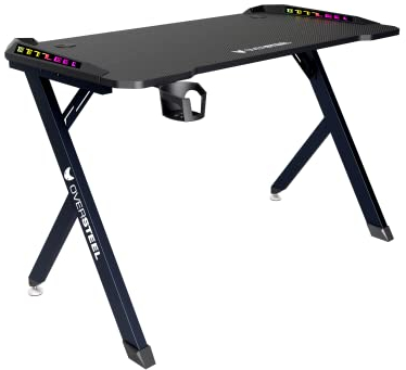 Oversteel - Vitallium Mesa Gaming 120x60x75 cm, Luz LED RGB, Superficie de Fibra de Carbono, Ergonómica, Soporte para Vasos y Auriculares, Escritorio de Ordenador, Negro