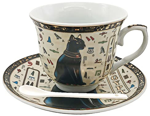 Egyptian Coffee Cup and Saucer Set Egyptian Black Cat Cups for Cappuccino Latte Tea Cup Set 8.2oz/240ml Golden Ceramic Cup Gift for Coffee Lovers Friends (Beige and Black)