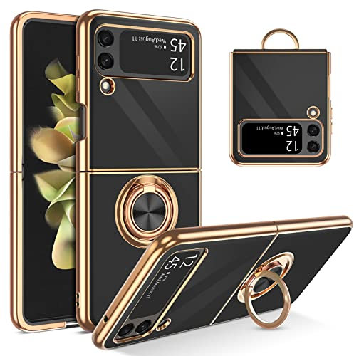 YINLAI Samsung Galaxy Z Flip 3 Case Soft Silicone TPU Slim Case with Gold Magnetic Ring Holder Shockproof Women Protective Girls Case Cover for Samsung Galaxy Z Flip 3 5G, Black