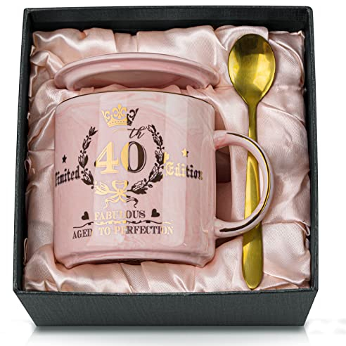 Coffee Mug Gift for Woman’s 40th Birthday, 400 ml Marble with Gold Print, “Fabulous” 40th “Limited Edition” for Women, Best Friend, Wife, Sister, Colleague, Beautiful Gift Box