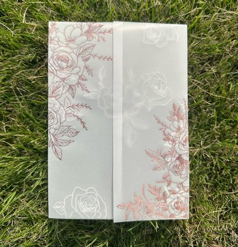 Puremigo 50 Stück vorgefaltete Pergamentumhüllen für 12,7 x 17,8 cm Einladungen – Rotgoldfolienmuster – 105 g/m² Pergamentpapier 5 x 7 Jacken – Pergamentpapier Hochzeitseinladungen Wraps –