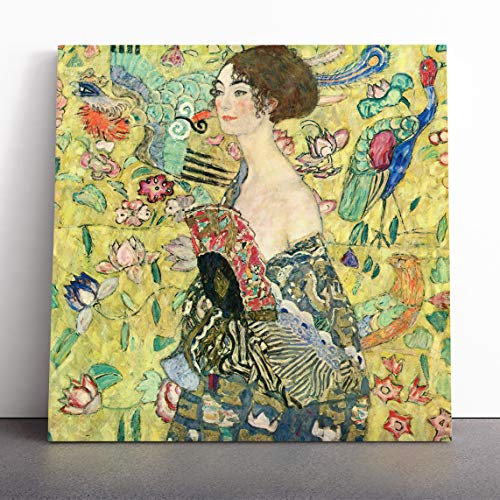 Gustav Klimt Lady with a Fan | Canvas Wall Art Print | Framed & Ready to Hang Picture | Modern Home Decor for Living Room, Bedroom, Kitchen or Office | 30x30 Inches
