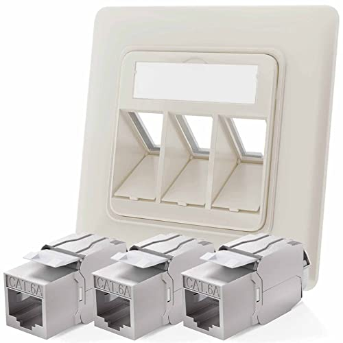 hb-digital 3-port CAT 6a nätverksuttag infälld RAL9010 3X CAT 6a Keystone RJ45-modul LAN Ethernet keystone uttag inbyggt uttag för CAT 5e CAT 6 CAT 6a max. 10 Gbit/s STP – vit