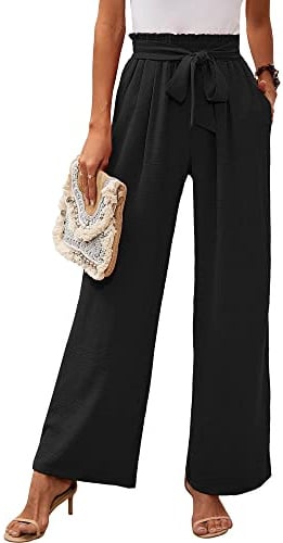Heymoments Women's Wide Leg Lounge Pants with Pockets Black X-Large Lightweight High Waisted Adjustable Tie Knot Loose Comfy Casual Trousers