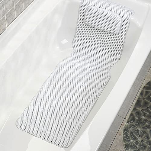 Badewannenmatte Antirutschmatte mit Kopfstütze, Badewannenkissen rutschfest Unterstützt Nacken, Rücken und Beine, Wanneneinlag PVC, Weiss Badewanne Pad mit saugnäpfen entspannung zubehör
