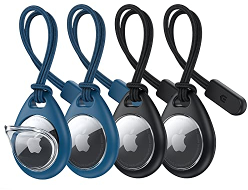 UNBREAKcable Schutzhülle für AirTags, 4 Stück AirTag Hülle aus Soft TPU mit Gurt, Sicher vor Verlust, Stoßfest, Kratzfest, Waschbar, Mini Hülle für AirTags Tracker - Schwarz und Blau