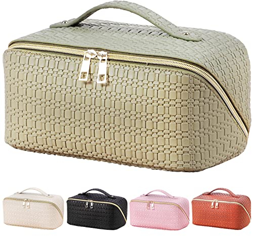 Ledeak Große wasserdichte Reise-Make-up-Tasche – Tragbare Kosmetiktasche aus PU-Leder mit Griff und Trennwand-Flat-Lay-Design – Große Öffnung Kosmetik-Organizer für Frauen Mädchen (Grün)