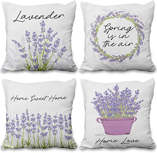 Aoihrraan 41x41cm 4er Set Dekorativ Lavendel Kissenbezug Lila Blume Frühling Zierkissenbezug Quadratische Couchkissen Dekokissen Wohnkultur Für Bauernhaus Wohnzimmer Schlafzimmer Draussen Garten Sofa