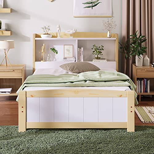 LTGB Single Bed with Shelves, Solid Wooden Bed Frames, Storage Headboard Bed, 3FT Single (90 x 190 cm) Frame Only, Ideal for Any Room, Suitable for Adults Kids Teenages