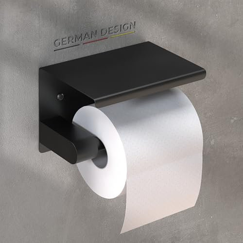 husman® Toilettenpapierhalter ohne Bohren | Klorollenhalter aus hochwertigem Edelstahl Matt-Schwarz mit Ablage | Toilettenpapierhalter schwarz Klopapierhalter ohne Bohren WC Papier Halterung