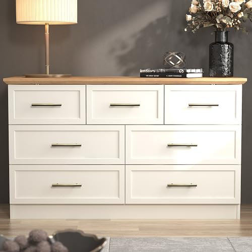 Galano Cleverton 3+4 Drawer Chest – Storage Cabinet with Drawers for Bedroom, Entryway, or Hallway – Closet Organizer for Clothes & Essentials (Ivory/Oak)
