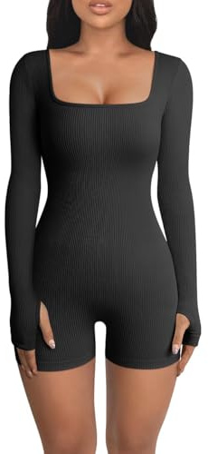RPAEOY Damen Jumpsuit Langarm Quadratischem Ausschnitt Gerippter Hosenanzug Strampler Overall Playsuit Bodycon Shorts Bodysuit Sexy Sportkleidung Trainingsanzug für Yoga Workout