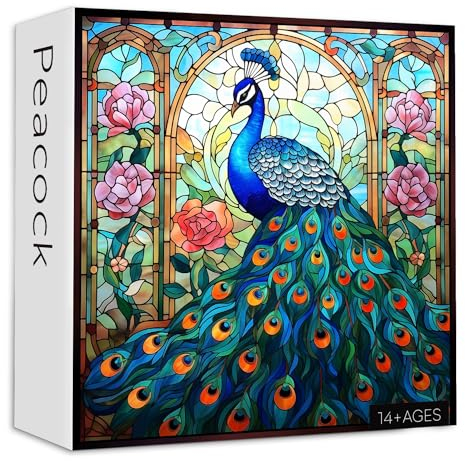Buntglas-Pfau-Puzzles für Erwachsene, 1000 Teile, Vintage-Vogelkunst-Puzzle, unmöglich, harte Herausforderung Puzzles für Erwachsene, buntes Pfauen-Gartenpuzzle als Wanddekoration für Zuhause