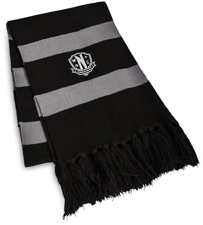 Elbenwald Wednesday Schal im Nevermore Academy Design mit aufgenähtem Schulwappen - Länge mit Fransen 190 cm, Breite 24 cm - für Herren Damen Unisex - Schwarz Grau