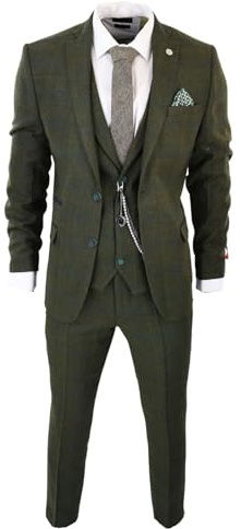Costume Homme 3 Pièces en Tweed de Laine Mélangée à Carreaux Style Années 20 pour Un Look Habillé Festif | Vert Olive