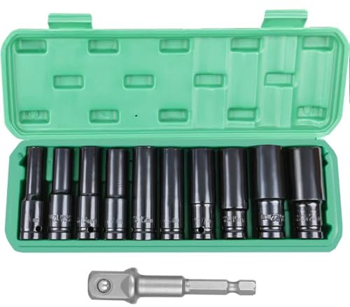 FIFIBANG 11 Pcs Douille a Choc, Coffret Douille Hex Longue 1/2'', Coffret Douille Longue et Adaptateurs 10, 12, 13, 14, 15, 16, 17, 19, 22, 24 mm, Douille Cle a Choc avec coffret en plastique
