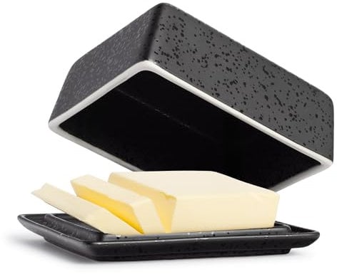 Coral - Butterdose Keramik in Schwarz für 250g Butter (14x12x6,5cm) - Design Butterschale & Butterbox lebensmittelecht - Vintage Butterkasten & Butterform mit Deckel - Butter-Dose spülmaschinenfest