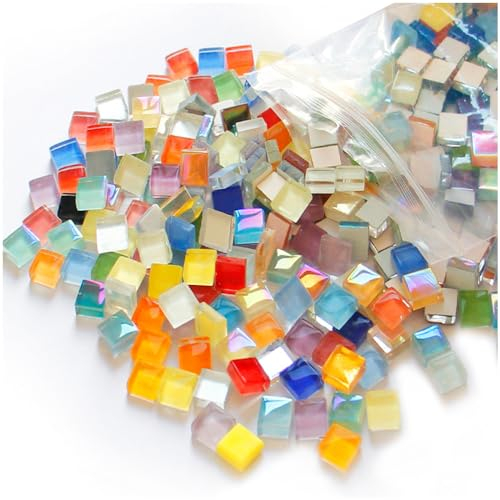 Mosaiksteine Daity Glassteine Glitzerkristall Mosaiksteine zum basteln set mit Pulverdichtmasse Quadrat Dekosteine für Mosaizistin Mosaik Basteln, Fotorahmen, Vase, Untersetzer, Spiegel bunt 400g