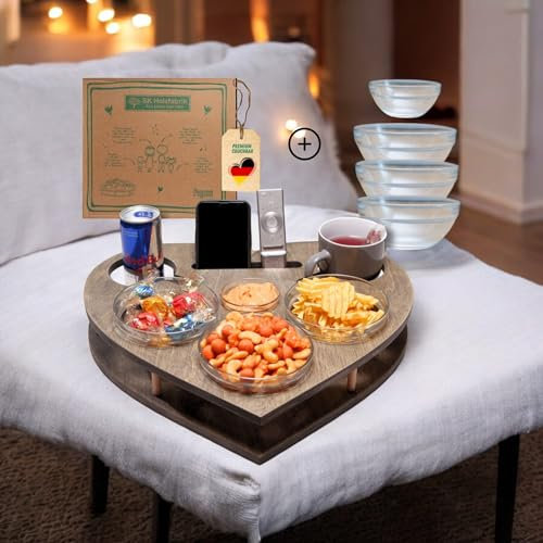 PEGSEN Herz Couchbar in Grau mit 4 Glasschalen - Sofa Butler für Snacks & Getränke [stabil & sicher] Snackbar inkl. Getränkehalter - Couch Buddy - Snacktablett für die Couch