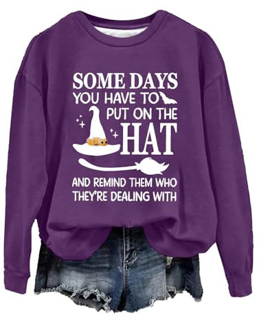 MJGkhiy Felpa Halloween Donna Senza Cappuccio Leggera Girocollo Strega Stampata Felpa Oversize Manica Lunga Pullover Top 2024 Casual Divertenti Felpe Maglione Diavolo Sweatshirt