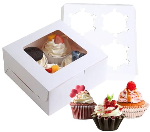 Putentfun 25 Pack Cupcake Boxes 4 Hole with Window and Inserts,16x16x7.5cm White Bakery Boxes,Cup Cake Boxes for Cupcakes Muffins Desserts,Suitable for Home Baking,Christmas,Halloween,Cake Shop