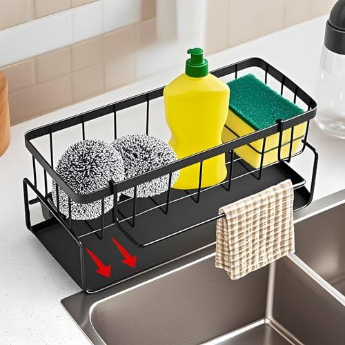 Spüle Organizer Schwarz, Schwammhalter und Spüllappenhalter, Küchen- und Badezimmer-Organizer mit Abtropfschale