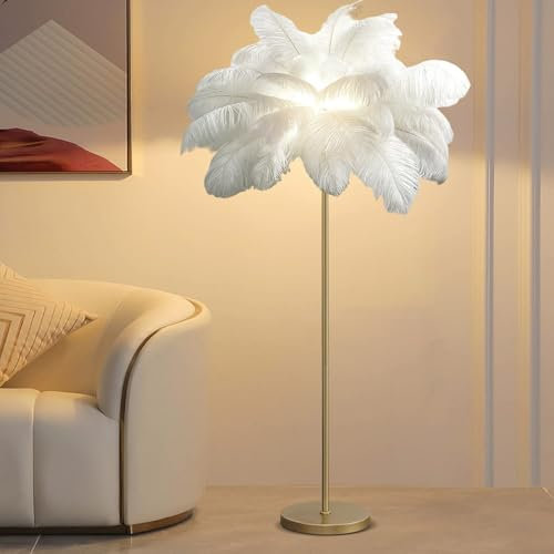 ANram Ostrich Feather Floor Lamp, (160cm/66.9in) Farmhouse Standing Tree Lamp with Feather Lampshade,White,Large