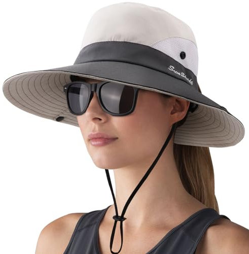 DRESHOW Damen Sonnenhut Outdoor UV-Schutz Hut Faltbar Mesh Breite Krempe Angeln Pferdeschwanz Strand Eimer Hüte mit Sonnenbrille