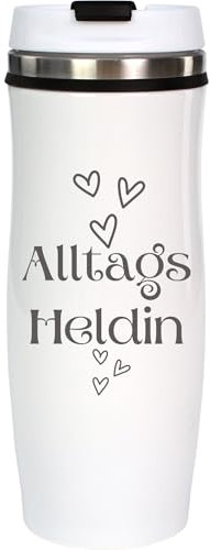 Geschenkissimo Alltagsheldin Becher - Edelstahl Kaffeebecher in Weiß mit Gravur „Alltagsheldin“, 0,4L, Geschenk für Frauen zum Geburtstag, Weihnachten, Dankeschön Geschenkidee