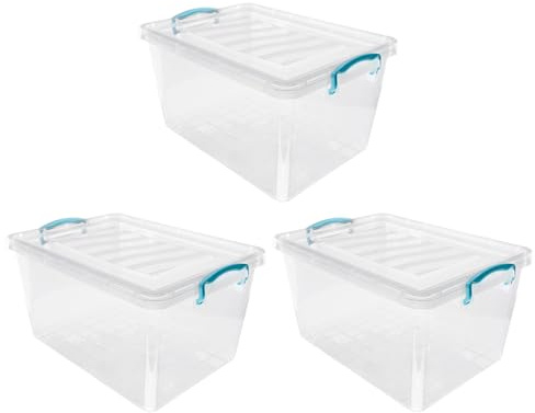 JVL Plastic Clip Lidded Storage Box, Stackable & Nestable, Clear, Set of 3, 30L