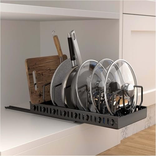 Organizador de ollas y sartenes debajo del gabinete, soporte deslizante para tapa y estante para sartenes en la cocina, almacenamiento deslizante dentro del gabinete para tapa de ollas, utensilios