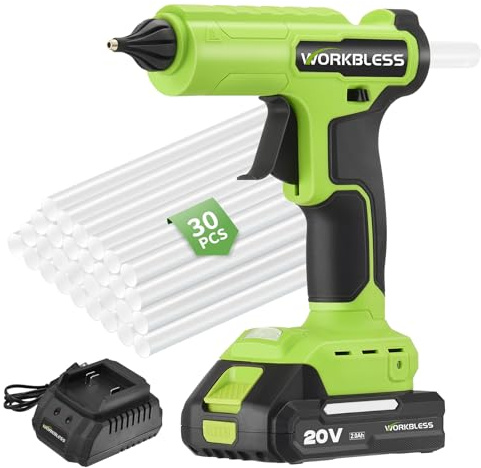 WorkBless Cordless Hot Glue Gun, Battery Power Full Size Hot Glue Gun with 20V 2Ah Battery, Leak-Proof Nozzle Heavy and Duty Glue Gun for Industrial & Crafts, 30pcs 11mm Full Size Glue Stick