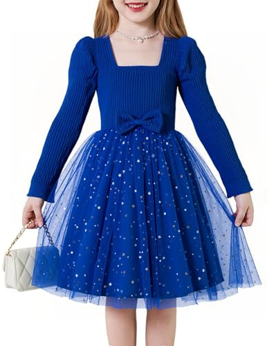 JiAmy Mädchen Kleid Rippstrick Pailletten Tüllkleid Kinder Festkleid 3-8J. | Elegant Kleinkinder Party Geburstag Kleider Knielang