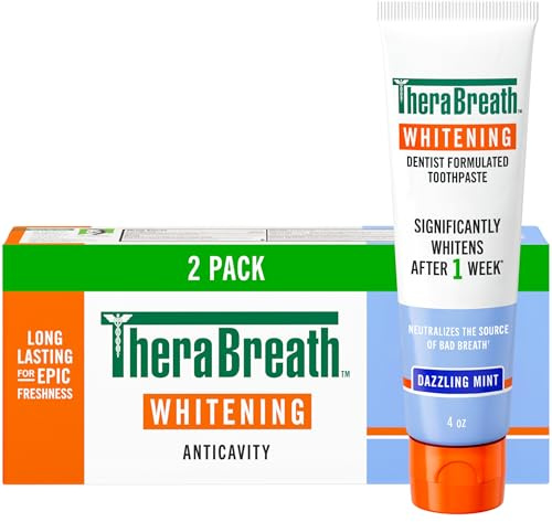 TheraBreath Whitening Toothpaste, Gentle Peroxide-Free Teeth Whitening in 1 Week (3), with Fluoride for Anticavity Protection, Dazzling Mint, 4 Oz, 2-Pack
