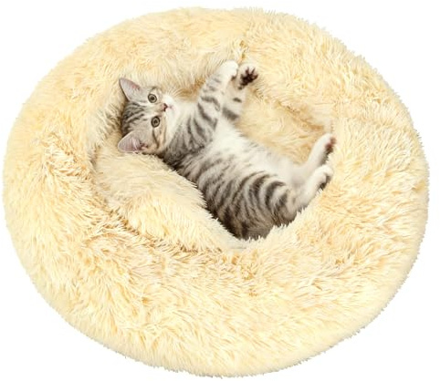 DONWEI Katzenbett Flauschig,Donut Hundebett 50Cm Beige Für Kätzchen | Weiches kompaktes Plüsch-Donutkissen, druckfest, gemütlicher Schlafplatz für junge Katzen und Mini-Hunde