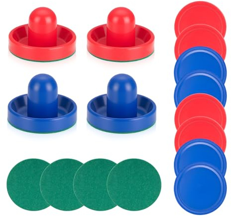 4Pcs 95mm Air Hockey Pushers and Pucks Set Replacement for Game Tables | with 4 Pushers, 8 Pucks, 8 Green Pads, Red and Blue Colours, Durable, Fun, for Family Bonding, Lightweight, Comfortable Grip