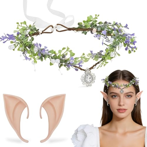 2er-Set Elfen-Accessoires, Edelstein-Kranz + Lange Ohren, waldfee kostüm damen, elfen ohren