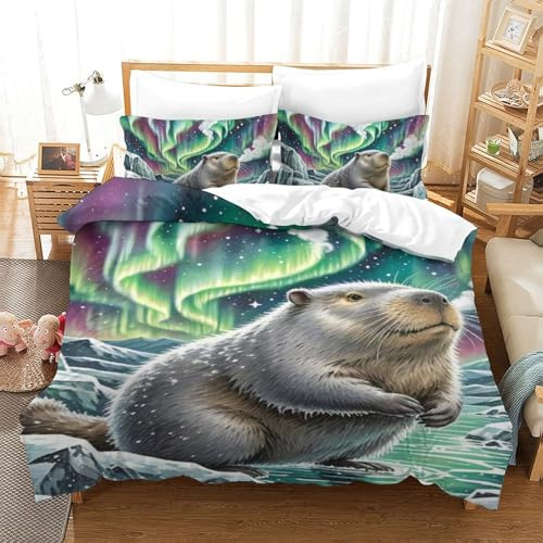 QIAVXZIP 3D Beaver Soft Printed Bedding Set 3 Pieces Duvet Cover Soft Microfiber with Pillowcases For Kids Teens Boys Hidden Zipper Single（140x200cm）