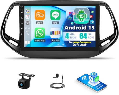 SIXTOP 4+64GB Android 15 Radio para Jeep Compass 2017-2020 Jeep Compass 2017-2020 CarPlay Android Auto Pantalla de 10,1 Pulgadas con Mirror Link Bluetooth FM RDS GPS WiFi SWC EQ Cámara Trasera Coche