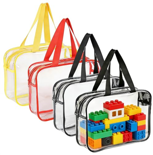 Clear Toy Storage Bag 4 Pcs Zippered Toy Container with Handle -Reusable Waterproof Toy Organiser Bags for Board Games,Puzzles Pieces,Building Blocks
