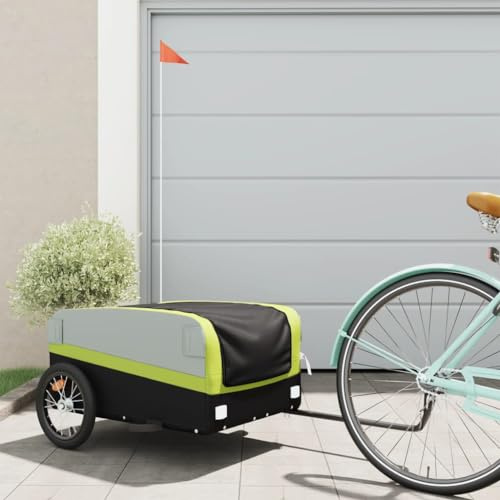 QUAHEAS Fahrradanhänger Schwarz Grün aus Eisen mit 45 kg Tragkraft, 126x63x50 cm, Deichsel, Sicherheitsflagge, klappbar für Transport von Gepäck, Einkauf, Kinder und Hund auf Radtour
